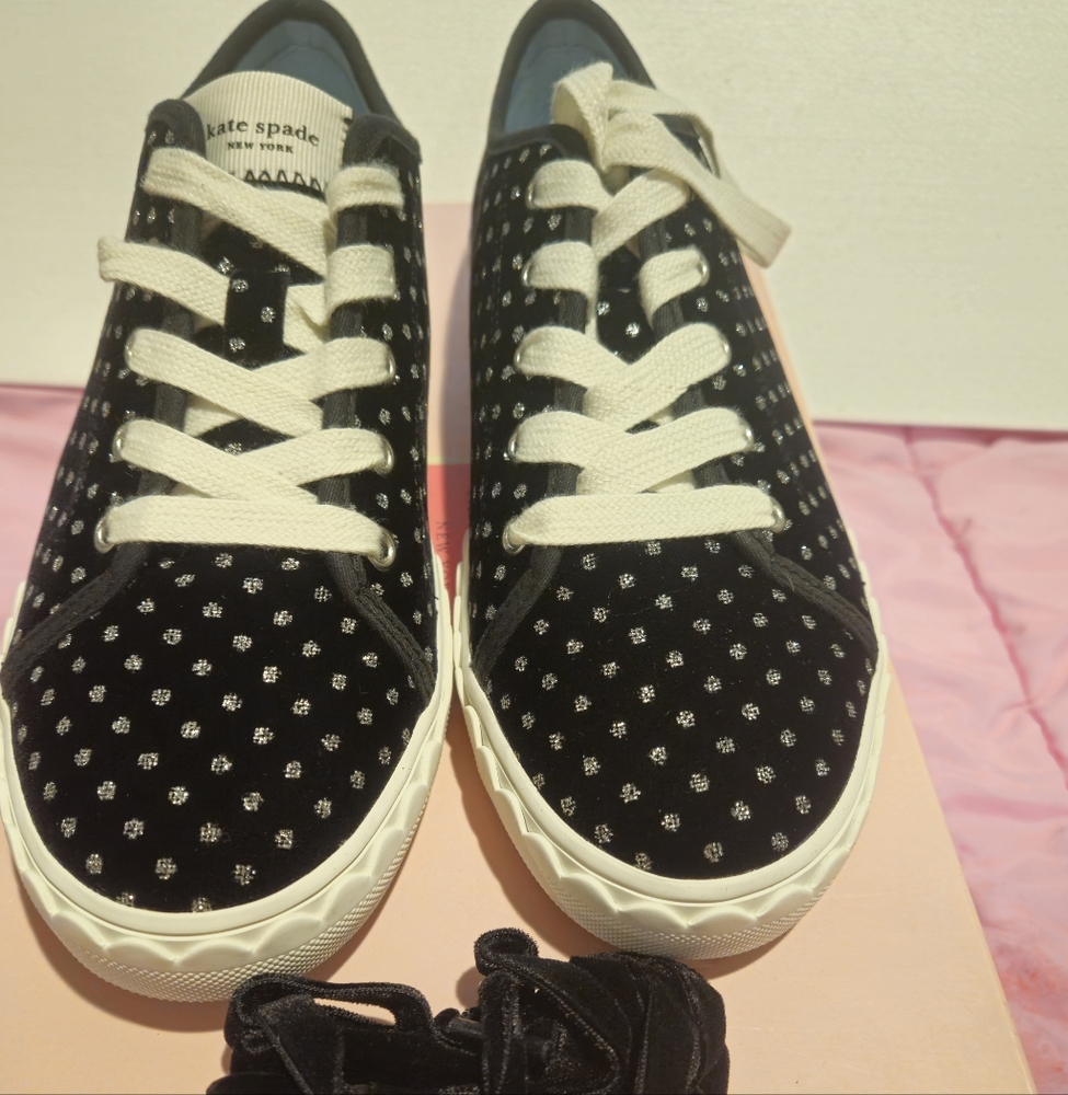 NWT & Box Kate Spade Black Velvet W Silver Glitter Womens Tennis Shoes Size 6.5